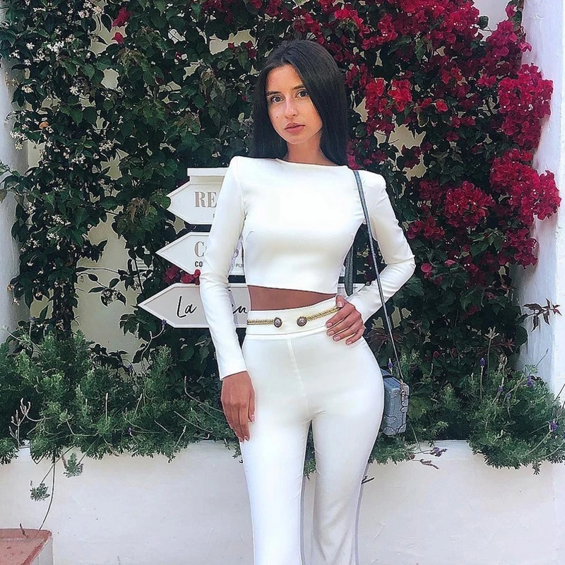 Gosexy 2018 New Women Bandage Two Piece Sets O-Neck Sexy Short Top Long Pant Suits Set With Button Formal Fashion Elegant Set