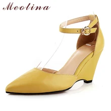 Genuine Natural Leather Women Pumps Spring Pointed Toe Designer Tow Piece High Heel Wedges Ladies Yellow Shoes LY0B0B