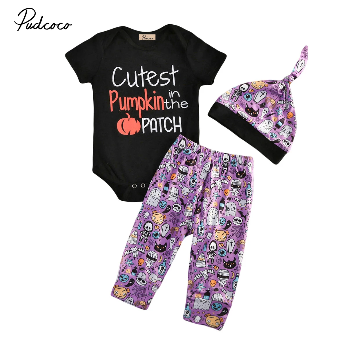 3Pcs Halloween Baby Boy Girl Clothes set Newborn Kids Pumpkin Romper+Leggings+Hat Outfits Set