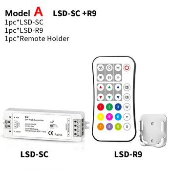

SC RF 2.4G SPI RGB LED Controller + R9 27 key remote For RGB LED Light support DMX512/WS2811/WS2812/TM1803/LPD8806/LPD8803 IC