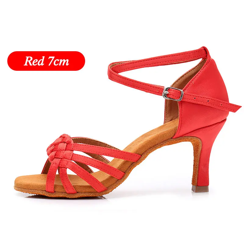 Женская обувь для бальных танцев на каблуке 5 см/7 см, профессиональная обувь для танцев, для латинских танцев/сальсы/Танго, для женщин, на мягкой подошве, женская обувь, zapatos de mujer - Цвет: Red 7cm heel
