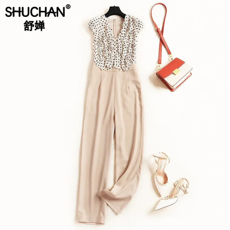 

Shuchan Women Jumpsuit 2019 Patchwork Dot Ruffles Chiffon Streetwear Fashion Office Lady Rompers Womens Designer Clothing 11413