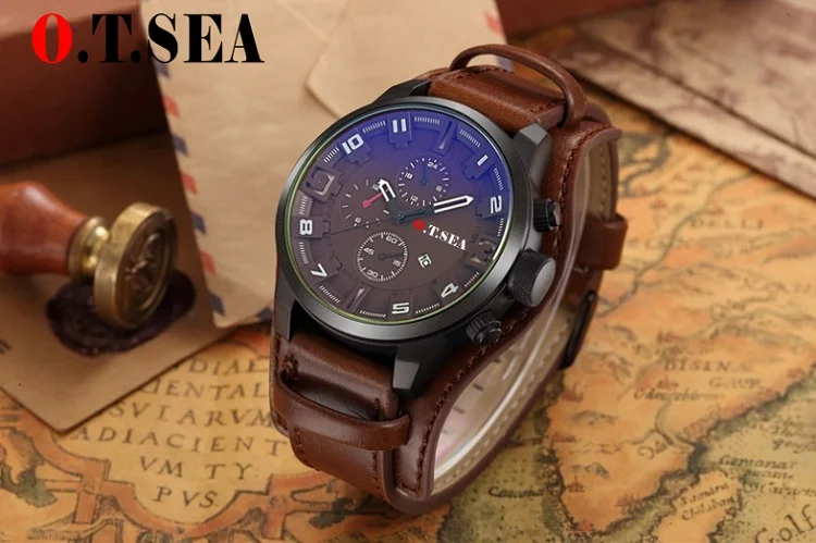Новинка, роскошные брендовые кожаные часы O. T. SEA, Мужские Военные Спортивные кварцевые наручные часы с датой, мужские часы 1032B