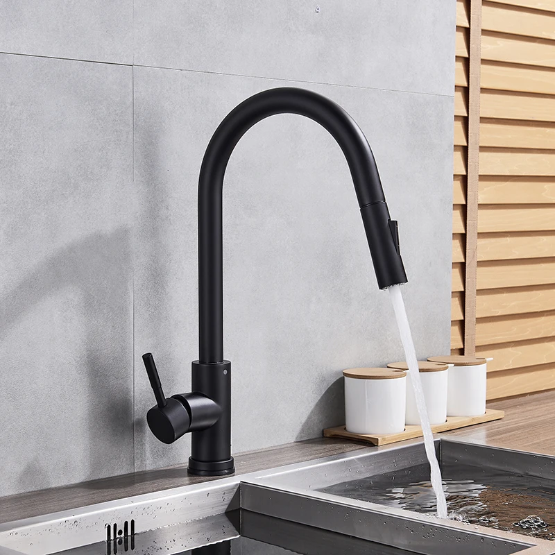 Brushed Gold Black Sensor Kitchen Faucet Pull Out Sensor Touch Kitchen Faucets Crane Dual Water Modes Mixer Single Hole Brass