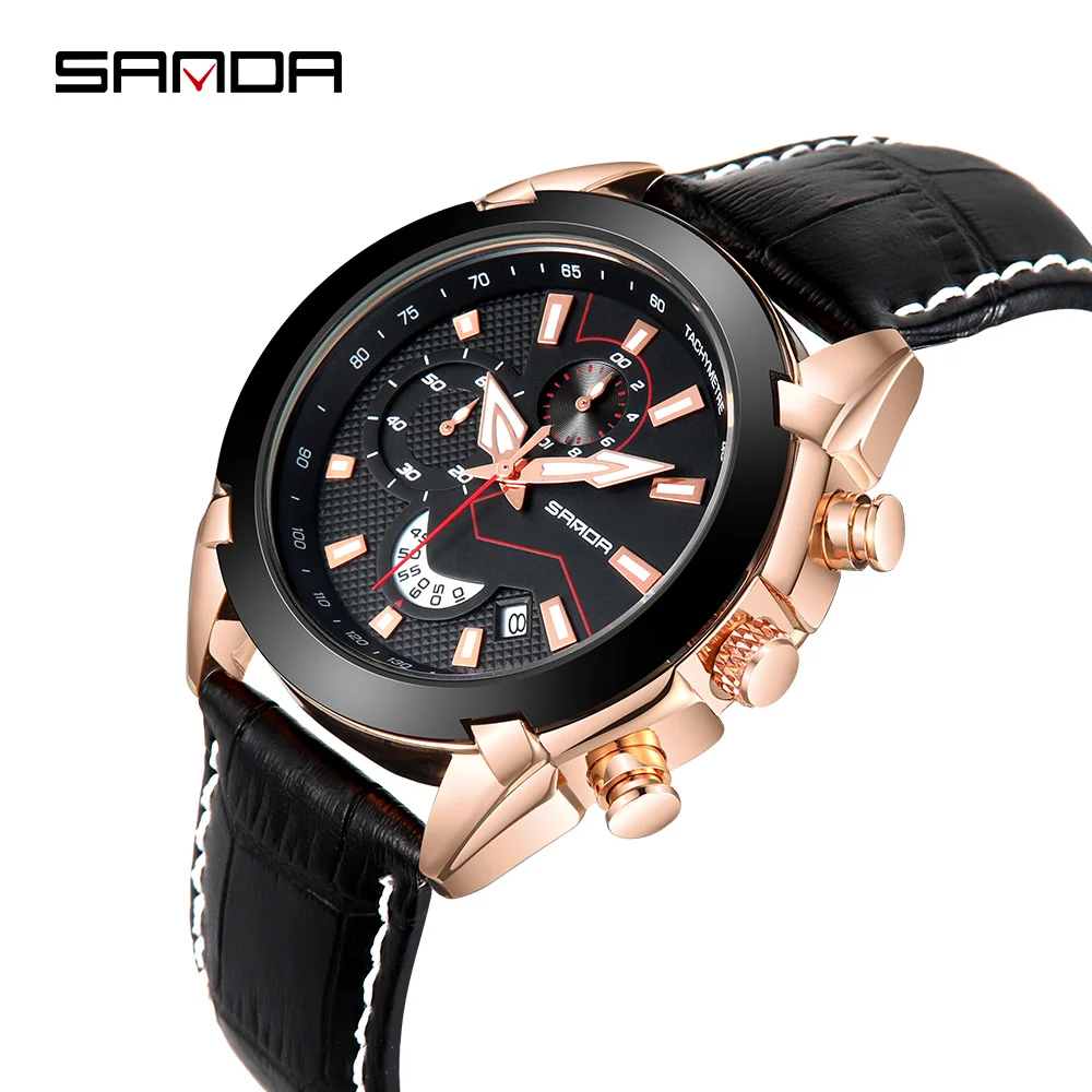 

SANDAP505 Quartz Watch Men's Wristwatches Top Brand Luxury Black Leather Sport Watch Waterproof Watch Men Reloj Mujer 2018