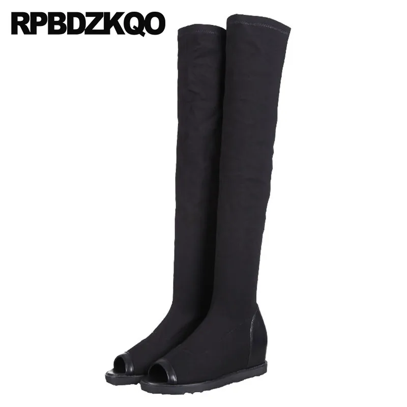 

peep toe flat ladies summer sandals black stretch boots over the knee thigh high long designer shoes women luxury 2018 slim
