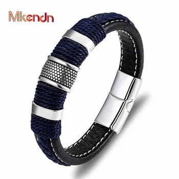 MKENDN Punk Multilayer Braid Genuine Blue Leather Bracelet Titanium Stainless Steel Magnetic Buck Bracelet Men Homme Pulseras