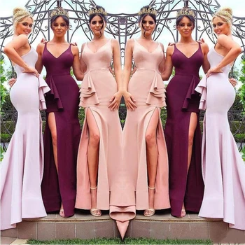 

Bridesmaid Dresses 2019 Blush Pink Long Bridesmaid Dresses V Neck Front Split Mermaid Maid of Honor Gown Burgundy Floor Length-i