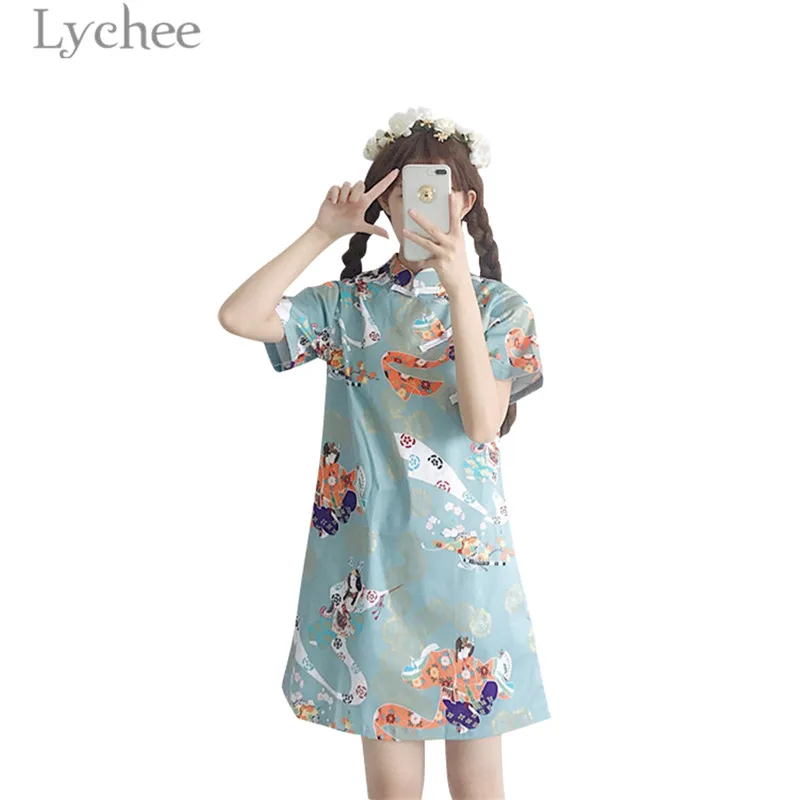 Личи Харадзюку характер cheongsam платье с коротким рукавом платья свободные сладкое