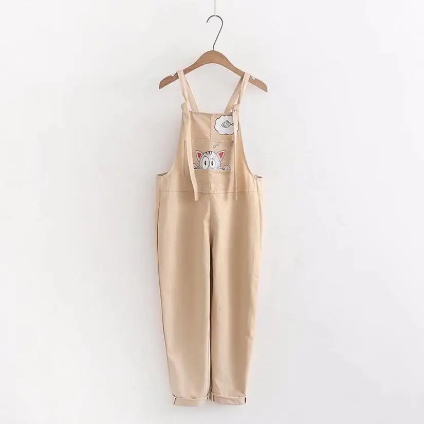 Japan Style Girl Cute Cartoon Cat Printing Embroidered Pink Overalls White Black Khaki Jumpsuits Female Summer Kwaii Overalls Japan Style Girl Cute Cartoon Cat Printing Embroidered Pink Overalls White Black Khaki Jumpsuits Female Summer Kwaii Overalls