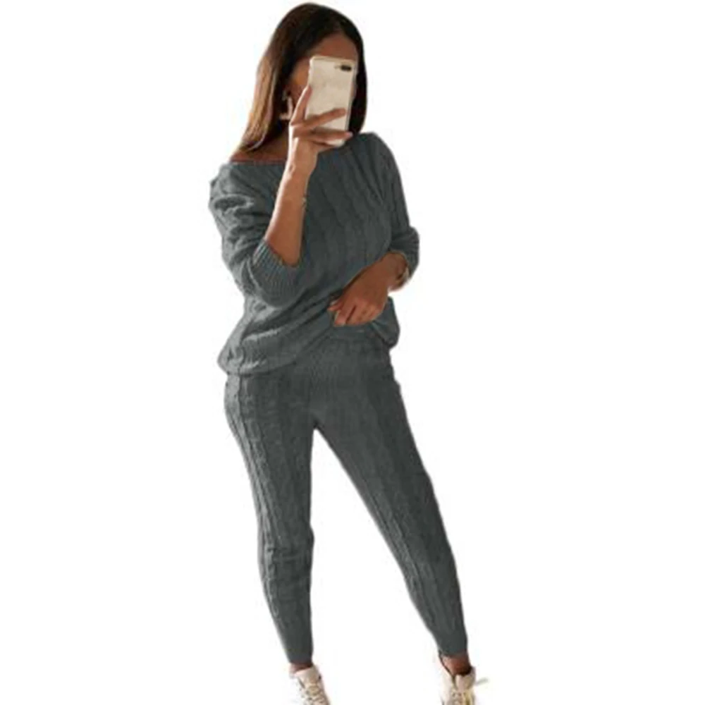 LITTHING Autumn New Cotton Tracksuit Women 2 Piece Set Sweater Top+Pants Knitted Suit O-Neck Knit Set Women Outwear 2 Piece Set - Цвет: gray