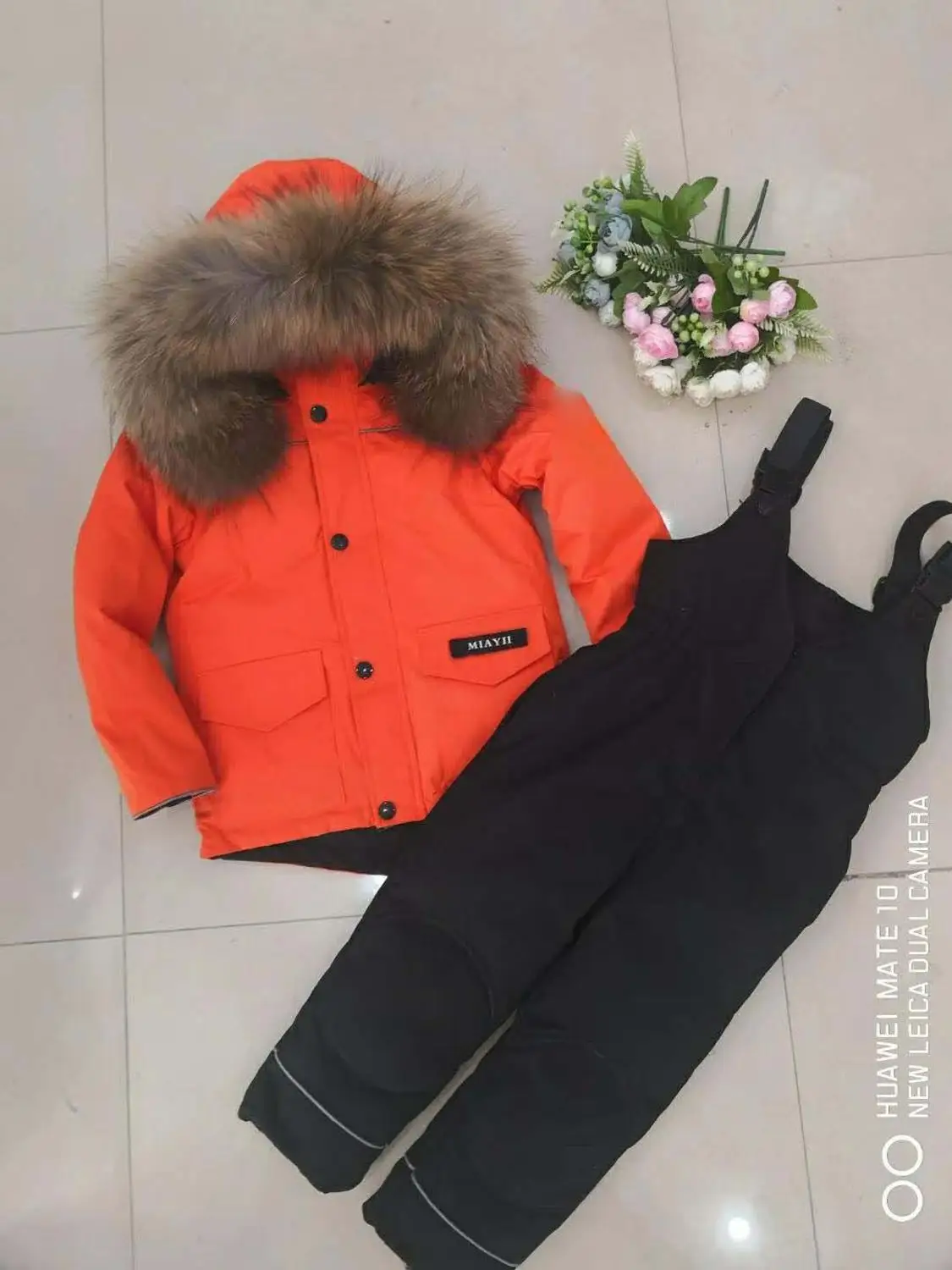 

Winter Children's suit down jacket two-piece boy and girl down jacket bib -30 outing ski suit Thickened Big Raccoon Collar