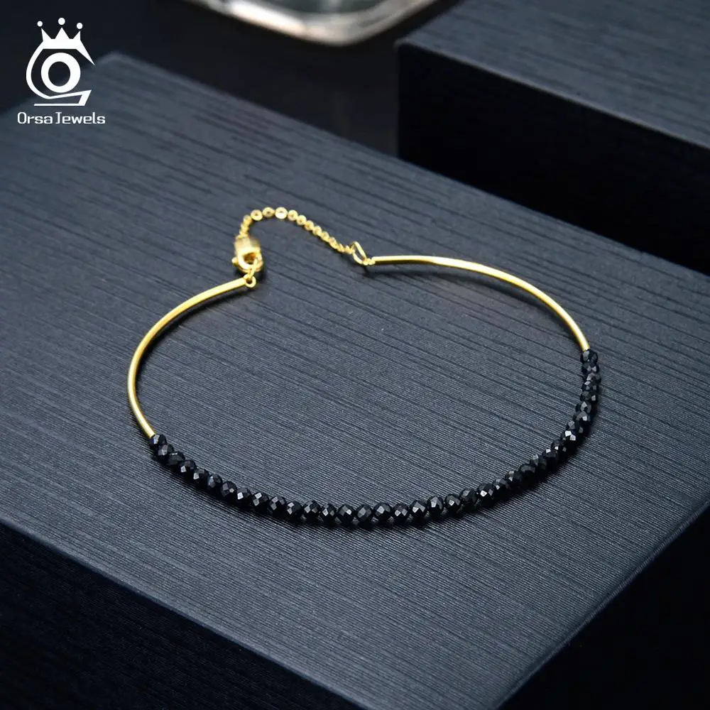 ORSA JEWELS серебряный браслет 925 для женщин Черная шпинель драгоценный камень браслет с природными камнями 18K Позолоченные ювелирные изделия нарукавная повязка OSB46-B