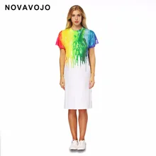 NOVAVOJO Brand Colorful 3D Paint Printing Long Girls T-shirt Dress Summer Ladies Dress White Color Women Split Dress