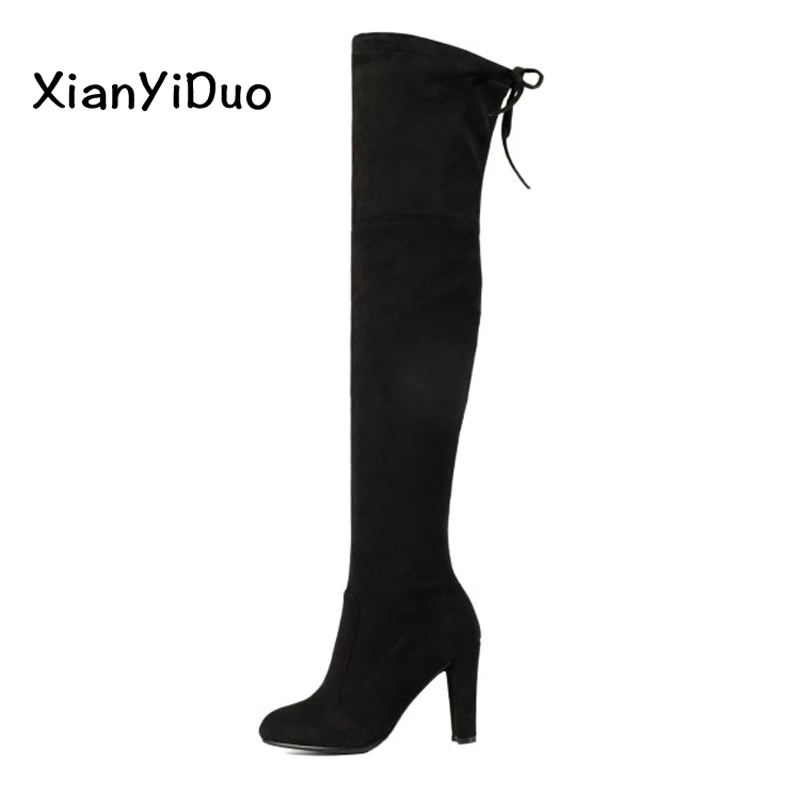 

Xianyiduo shoes Women's Micro stretch shaft Thigh-high stretch suede boots high heel Over the Knee Round Toe big size 34-43/918
