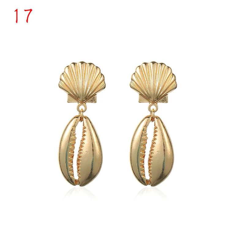 1Pair Summer Retro Fashion Shell Earrings Women Gold Color Geometric Irregular Starfish Conch Statement Jewelry Accessories - Окраска металла: 17