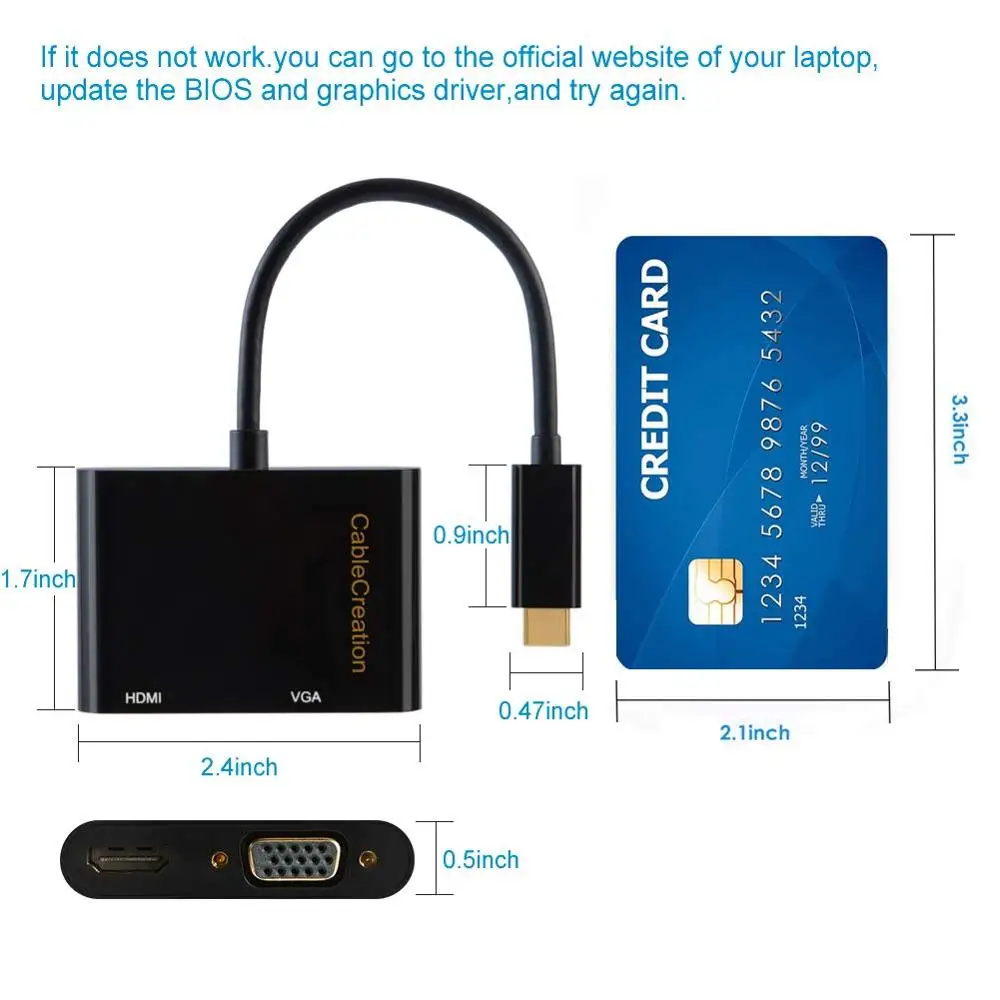 Адаптер USB C HDMI + VGA CableCreation Type (совместимый с Thunderbolt 3) 4K совместимый Macbook Pro и т.