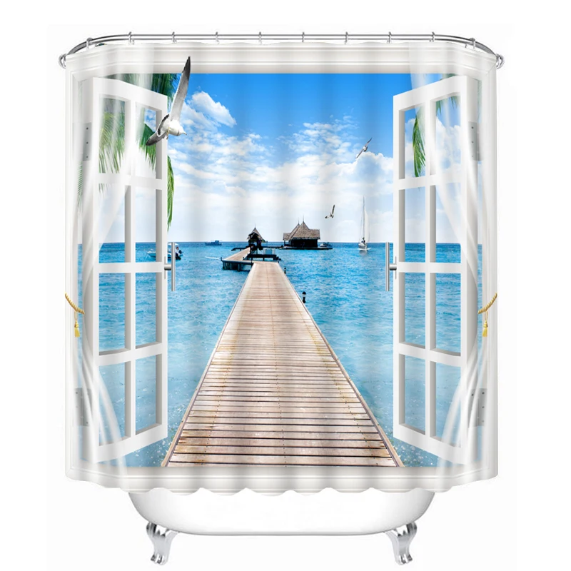 

New 3D Shower Curtains Window Sea View Pattern Bathroom Curtains Waterproof Thicken Washable Bathroom Products + 12 C Type Hooks