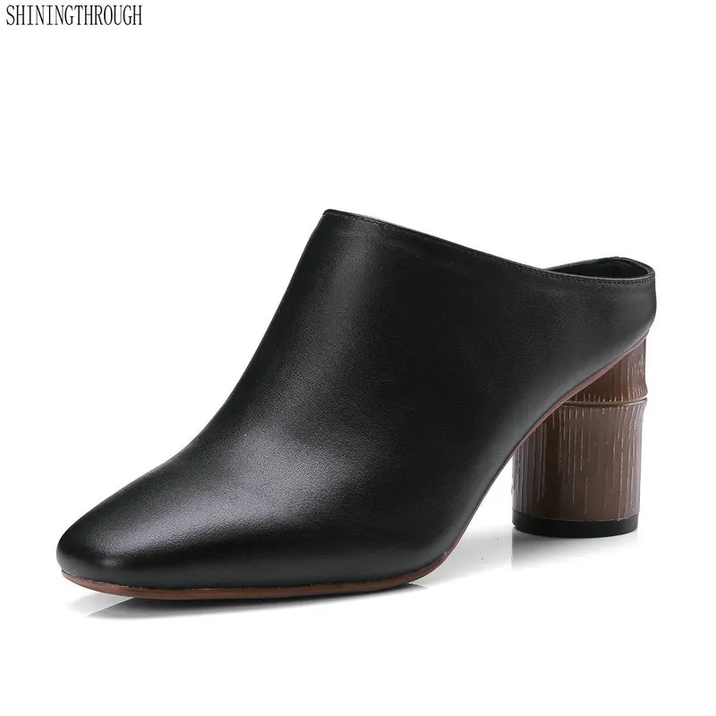 

Genuine Leather women pumps slingbacks high heels slippers spring autumn summer Women shoes square toe party shoes woman
