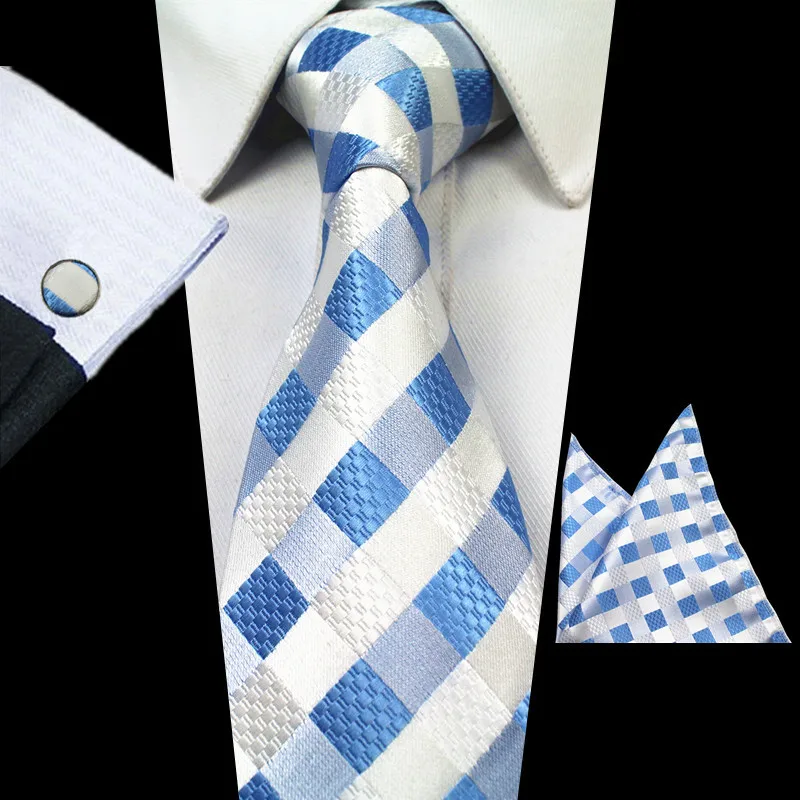 Ricnais New Fashion Plaid Tie Set 100% Silk Jacquard Men Necktie Gravata Hanky Cufflinks Set Pocket Square Mens Tie for Wedding