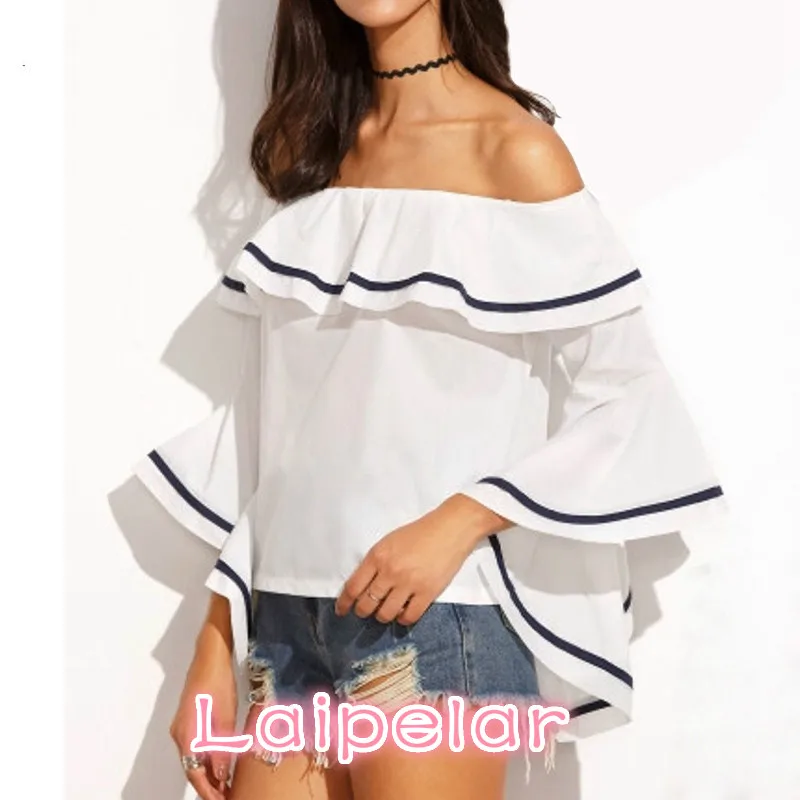 

Elegant Women Blouses 2018 Summer Sexy Butterfly Sleeve Slash Neck Off Shoulder Shirts Casual Ruffles Blusas Femininas Tops