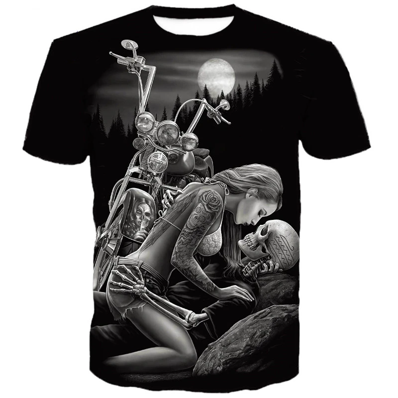 

Fashion black T-shirt Motorcycle beauty lady skull print T shirt tops and Wholesale EUR Size