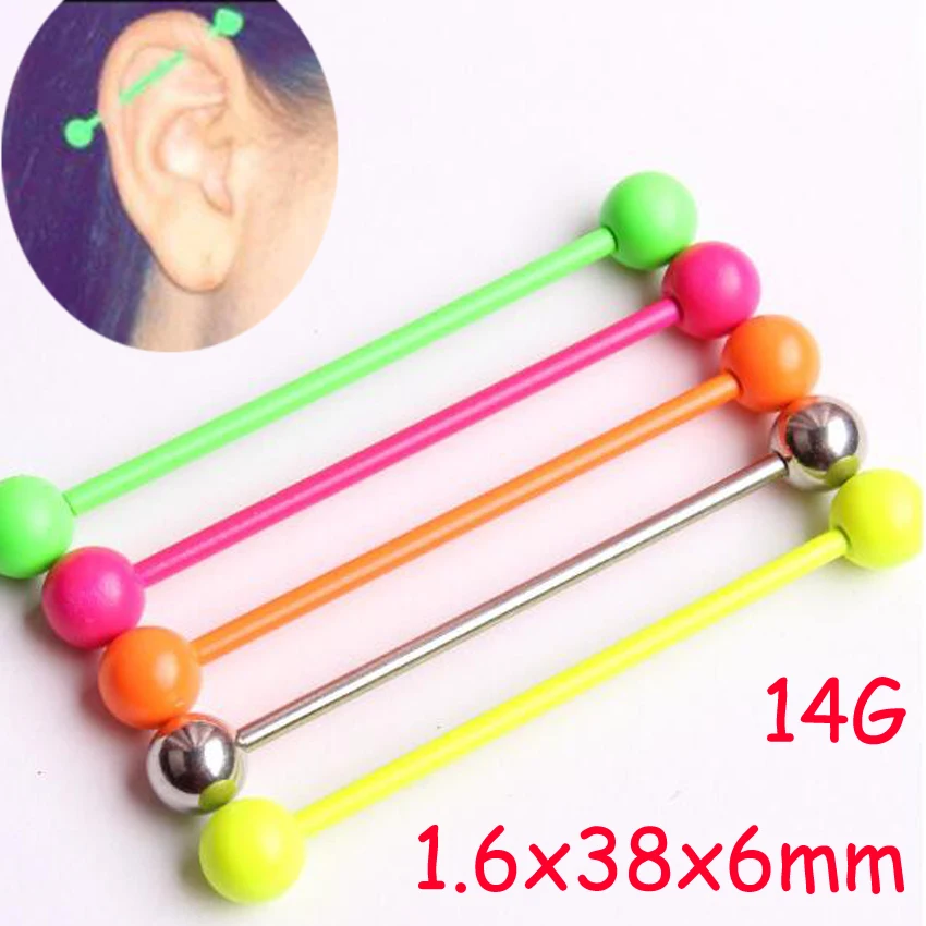 

2 Piece 1.6x38x6mm 14G Fashion Stainless Steel Long Industrial Barbell Lovely Sweet Neon Candy Color Ear Piercing Body Jewelry