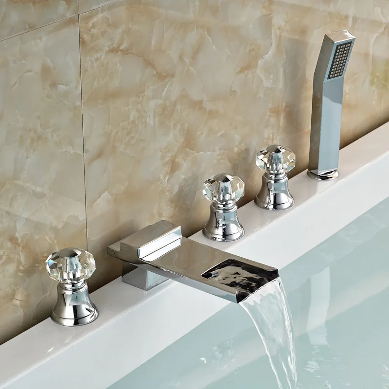 

Chrome Finished Bathroom Waterfall Bathtub Faucet With ABS Handheld Shower Deck Mount