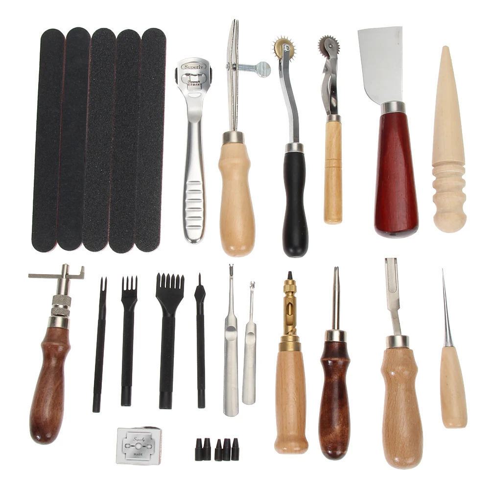 

Full Sets 18pcs Craft DIY Handmade Tools Punch Edger Trench Device Belt Puncher Set Leather Tools Kit Stitching Carving Saddle