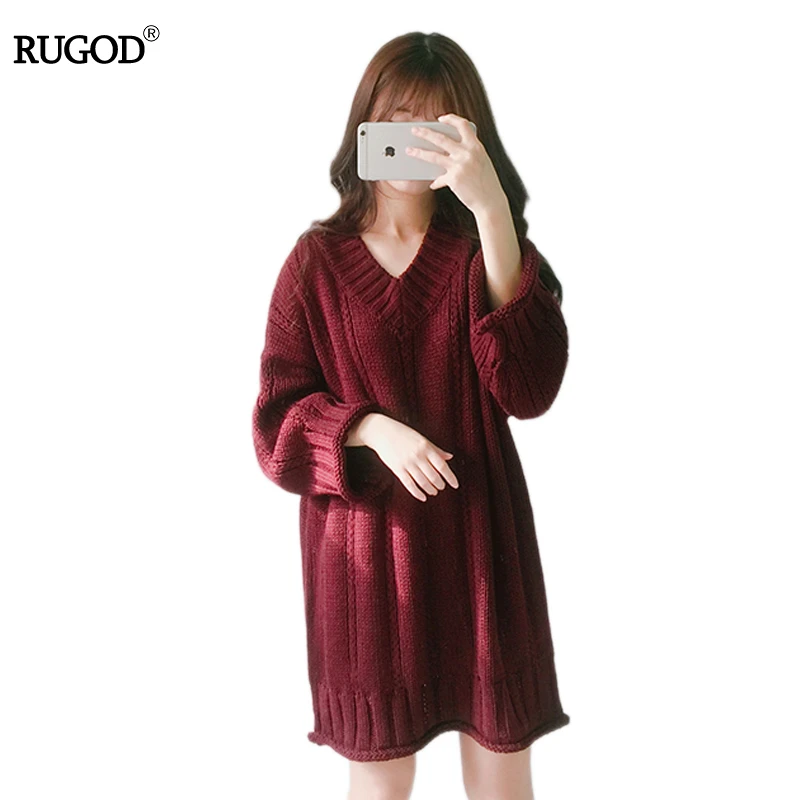 RUGOD pull femme v neck above knee length knitted sweater dress women Cotton dress pullover female