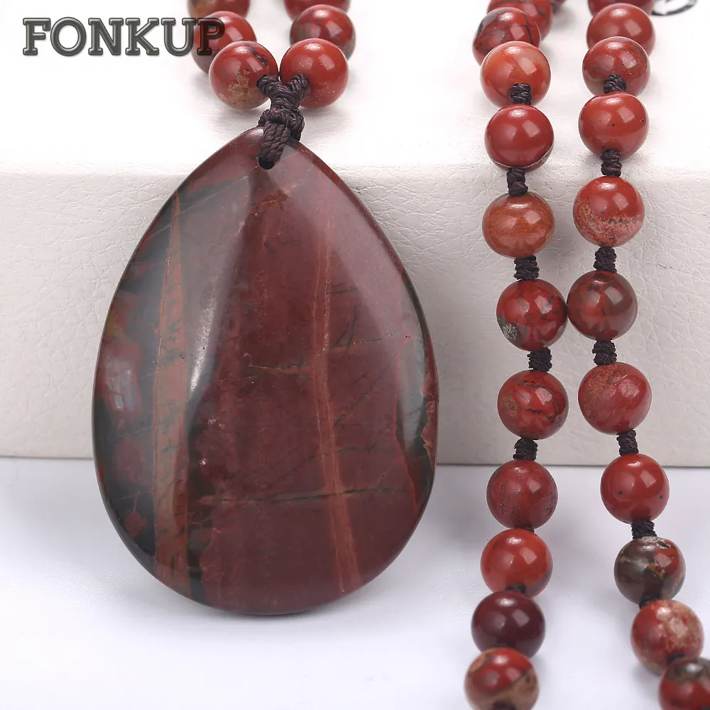 

Fonkup Red Jasper Necklace Statement Women Jewelry Bead Chain Pendant Stone Sautoir Perles Long Femme Trendy Water Drop Sieraden