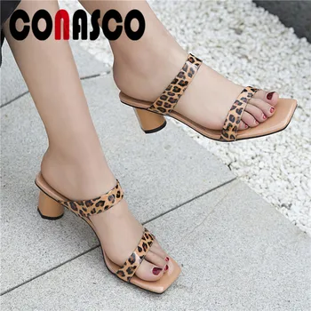 

CONASCO Summer Prom Party Elegant Slippers Women Genuine Leather Square High Heels Leopard Open Toe Sandals Concise Shoes Woman