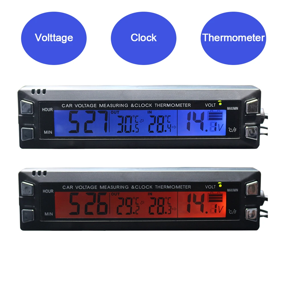 Ceny 3 w 1 samochód cyfrowy termometr samochodowy woltomierz zegar Volt monitor temperatury 12V zewnętrzny kryty LCD pomarańczowy niebieskie podświetlenie