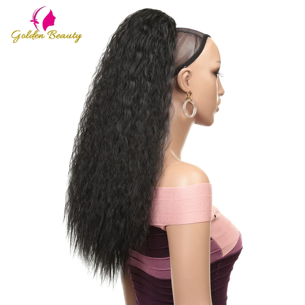 

Golden Beauty Drawstring Afro Ponytail Synthetic Clip In Hair Extensions Long Kinky Curly Ponytail Wrap Around Women's Hairpiece