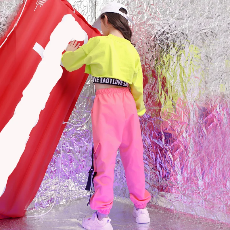 Kid Kpop Hip Hop Clothing Crop Top Long Sleeve T Shirt Tank Vest Streetwear Jogger Pants for Girl Jazz Dance Costume Clothes