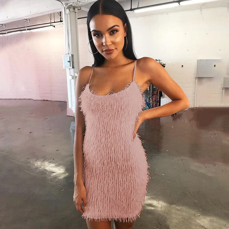 

2018 New Arrival Sumem Pink Dress Fashion Spaghetti Strap O Neck Solid Sexy Women Mini Bodycon Evening Party Dresses Vestidos