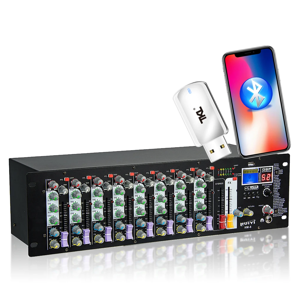 

HM-8 8-Channel audio Cabinet mixer with USB DJ Sound Mixing Console Bluetooth 48V Power switch mixer for karaoke marth party