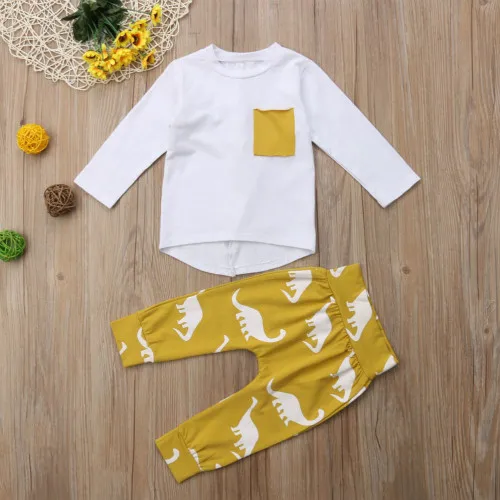 2 шт. Дети для маленьких мальчиков с рисунком динозавра одежда 3D хлопковая футболка с длинным рукавом Топы+ длинные брюки наряды детская Костюмы комплект - Цвет: Цвет: желтый