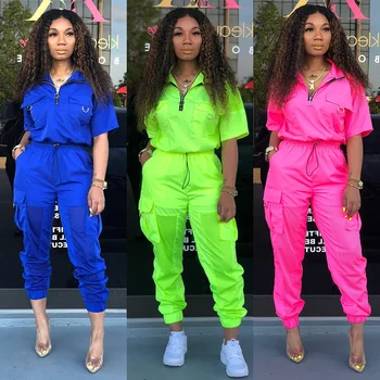 

2 TWO PIECE SET Mesh Stitching Half Sleeve Joggers Cargo Pants Women Tracksuit Satin Jacket ZIPPER Sweat Suits Summer Sportsuit