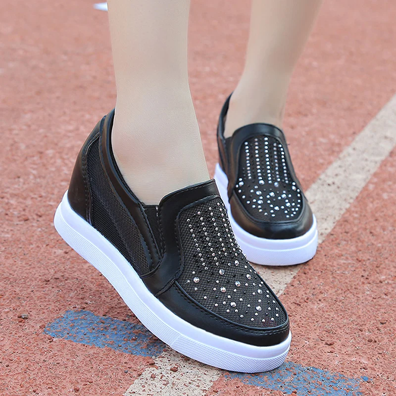 Bling Women Shoes Mesh Breathable Summer Sneakers Crystal Hidden Heel Shoes Elevator Lofers