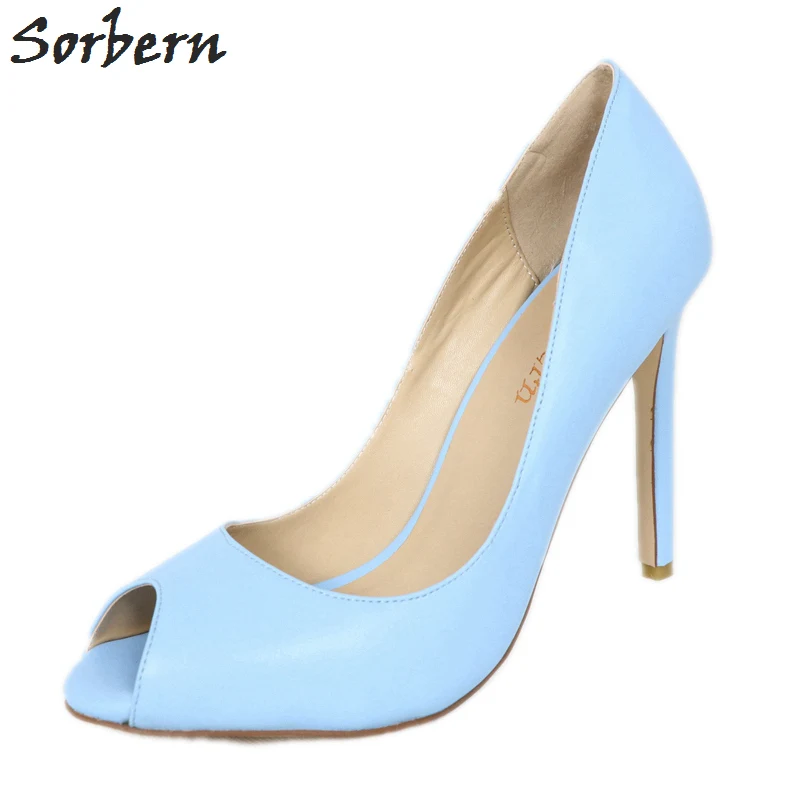 Personnalisée Pompe Sur 13 Taille Des Talon Toe Color Haute Ol Sexy Femmes Chaussures Pu Sorbern custom Glissement Aiguilles De Bleu Ciel Peep Talons Couleur Ciel qwqRPX
