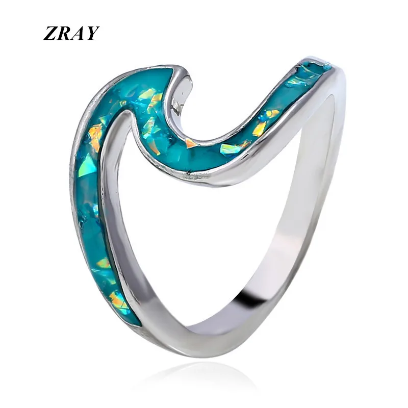 

ZRAY New Charm Wave Beach Ocean White Green Blue Imitation Opal Ring Wedding Bands Fashion Jewelry Silver Filled Rings for Women