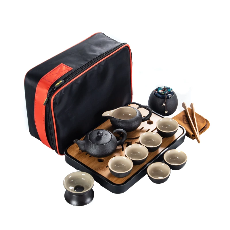 Chinese Style Ceramics Black Kung Fu Tea Set Suit One Teapot and Six Cups Carrying Case Travel Tea Set