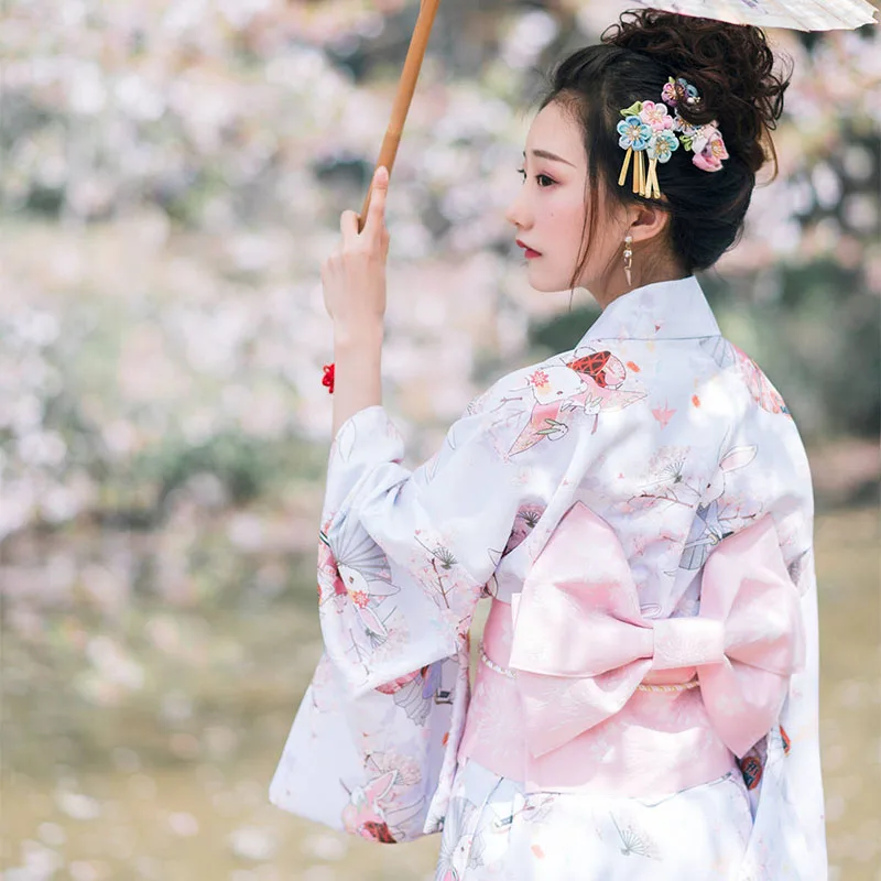 

Vintage Women Kimono Japanese Style Elegant Evening Dress Gown Classic Yukata With Obi Girl Cosplay Costume Printed Long Robe