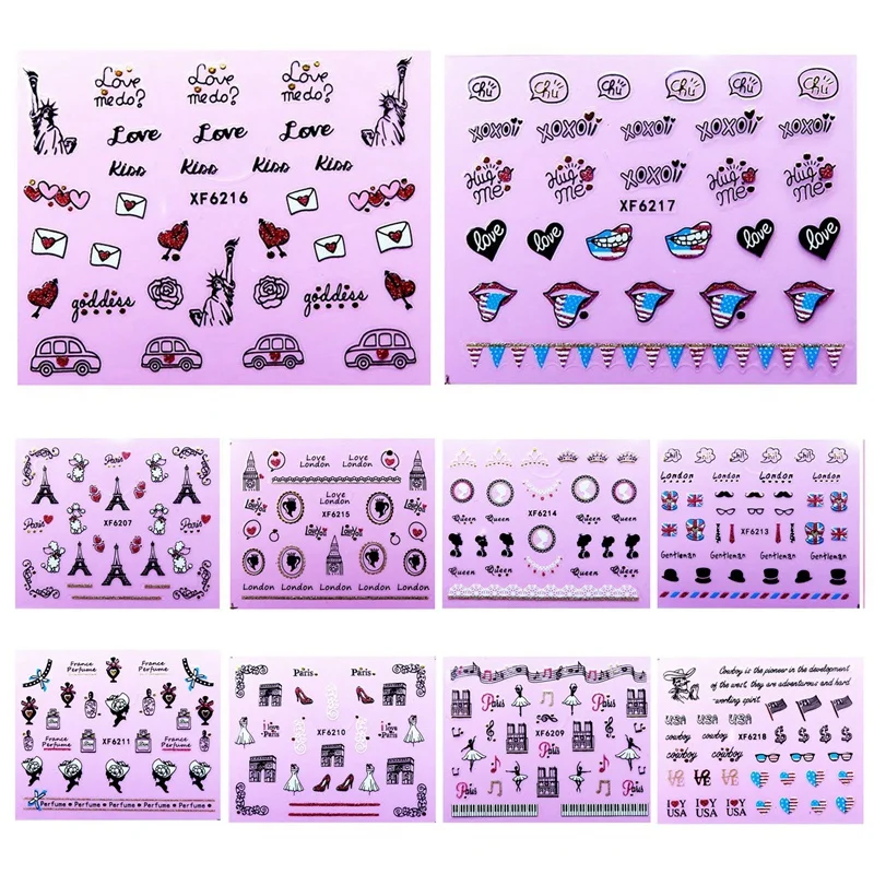 

Xf 10Pcs/Lot 3D Pattern Designs Nail Sticker Set Decal Water Transfer Slider For Nails Art Decor Waterproof Nail Art Deco Stic