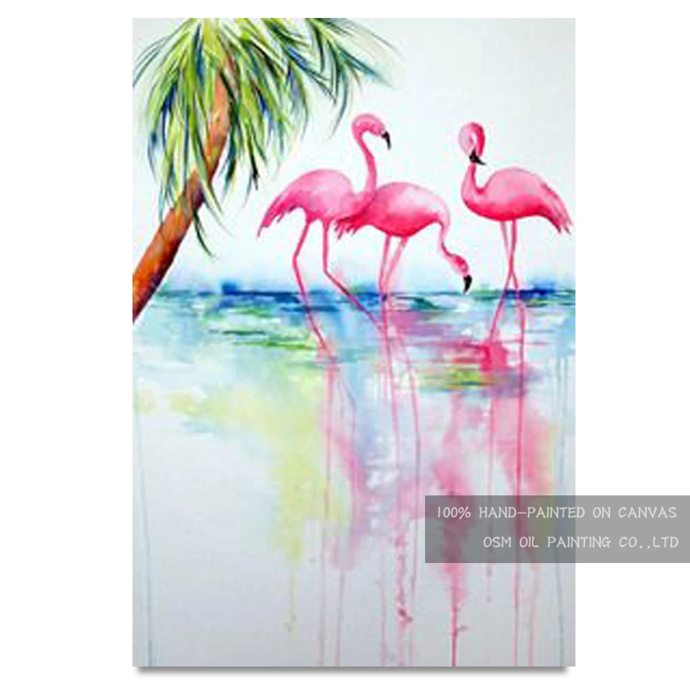 

Best Wall Decoration Artist Hand-painted Flamingo Oil Painting on Canvas Pink Animal Bird Oil Painting for Living Room