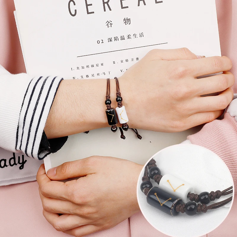 

2Pcs/Set Couple Bracelet White Black Bracelet Handmade Jewelry Rope constellation Bracelet Lovers Gifts for Women Men Bangle