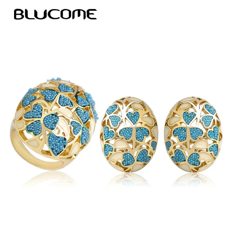 

Blucome Blue Heart Shape Wide Ring Earrings Set Enamel Alloy Flower Jewelry Sets For Women Girls Party Engagement Brand Bijoux