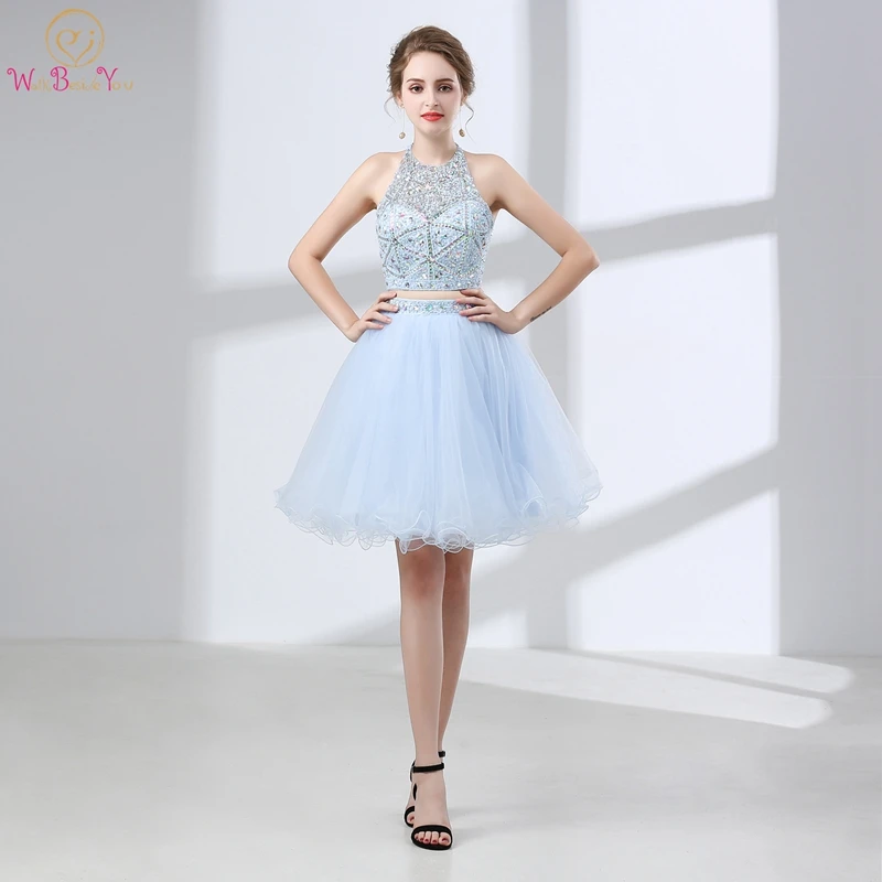 

Stock Cocktail Dresses Sky Blue Beading Sequined Crystals Bling Bling Sleeveless Halter Two Pieces Skirt Backless Cocktail Gown