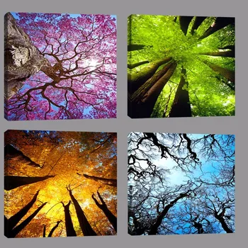 

HD Printed Poster Decor For Living Room 4 Pieces Beautiful Colorful Four Seasons Tree Paintings Wall Art Modular Pictures Canvas